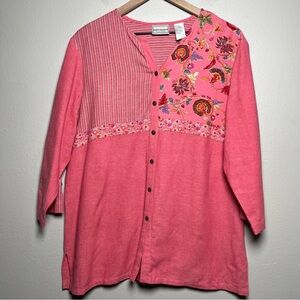 Napa Valley Women Linen Top Large Pink Floral Patchwork Paisley‎ Coastal
